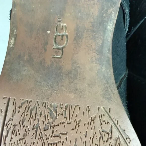 Size 9.5 - Ugg Cydnee Boots Black Leather Knee High Buckle Sheepskin Shearling - Picture 8 of 9